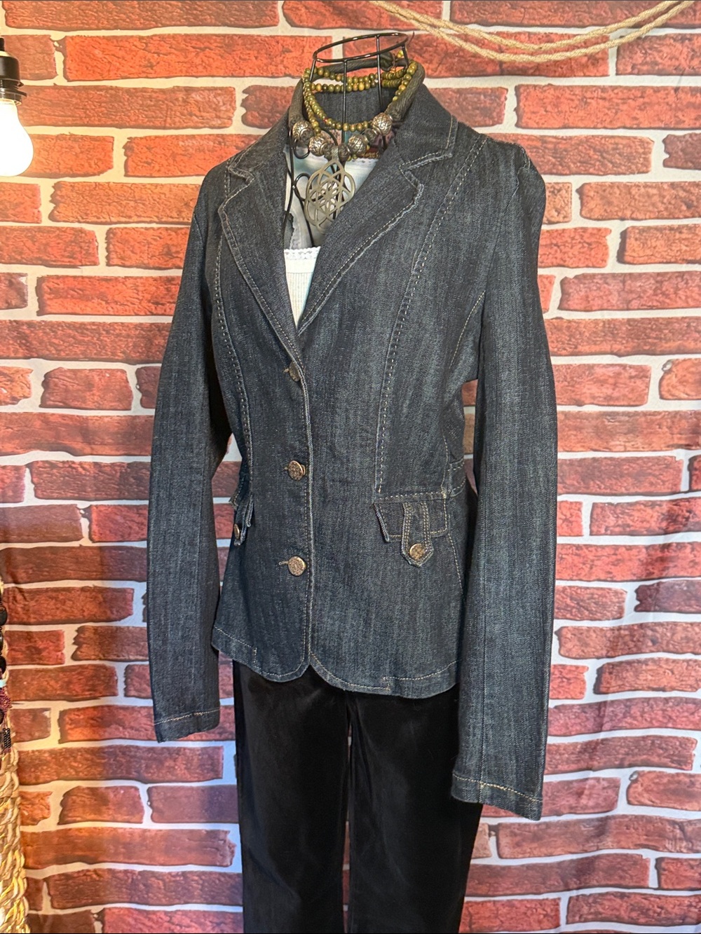 🧥👖American Dream Fitted Denim Blazer Jacket - Dark Wash - Sz Large NWOT